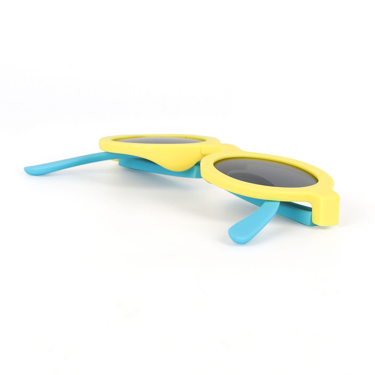 Toddler Kids Round Frame Foldable Sunglasses, Kids Round Foldable Two tone Colored Sunglasses For Daily Use, Yellow Blue Polarized Children Sunglasses for Birthday Pool Barbecue Party, Yellow Frame and Blue Legs Fodable Sunglasses for Kids