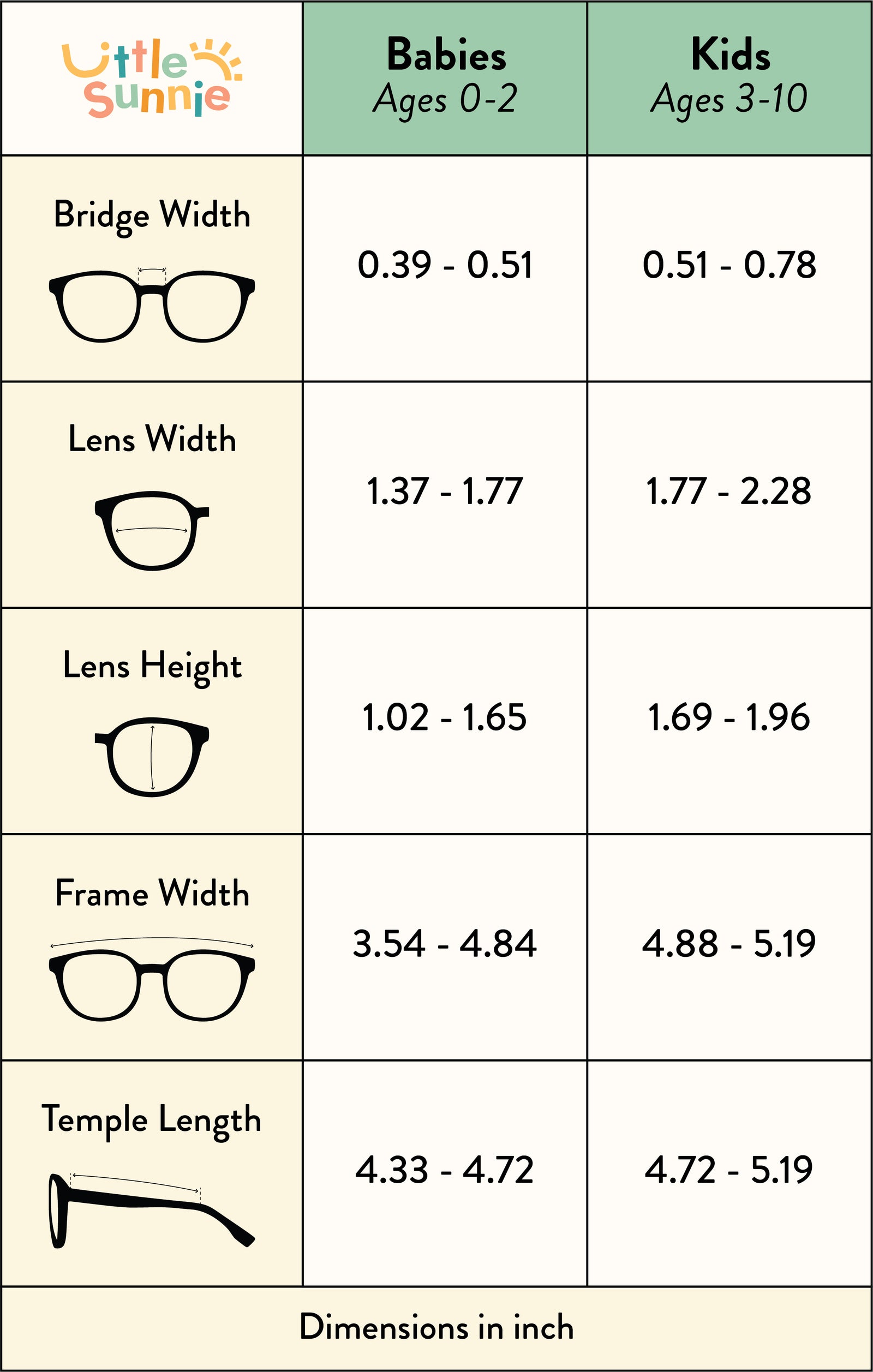 Little Sunnie Sunglasses Size Guide